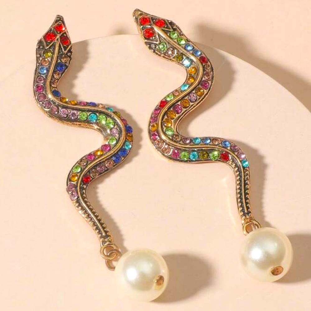 Gemstone and Pearl Snake Earrings